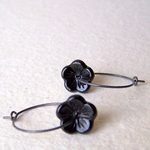 Black Vintage Glass Flower Bead Hoop Earrings