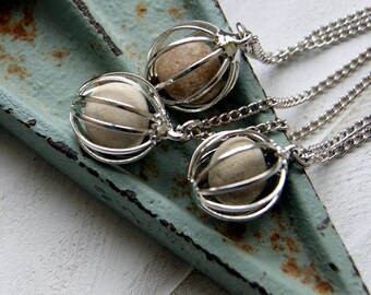 Round Beach Stone and Vintage Silver Tone Cage Pendant Necklace with Vintage Stainless Steel Chain