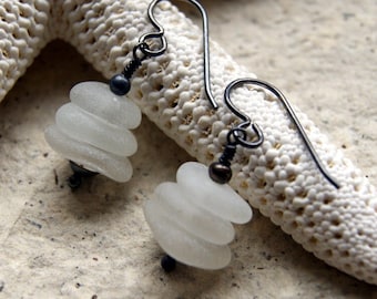 White Sea Glass Cairn Earrings with Sterling Silver Ear Wires