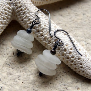 White Sea Glass Cairn Earrings with Sterling Silver Ear Wires oxidized sterling
