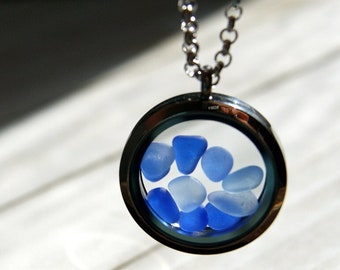 Floating Locket Necklace Filled with Genuine Sea Glass in Cobalt Blue and Cornflower Blue