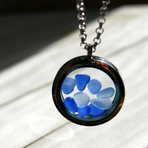 Floating Locket Necklace Filled with Genuine Sea Glass in Cobalt Blue and Cornflower Blue image 1