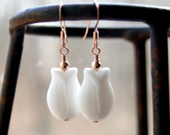 Tulip Earrings, Vintage White Glass Flower Earrings with Rose Gold Ear Wires