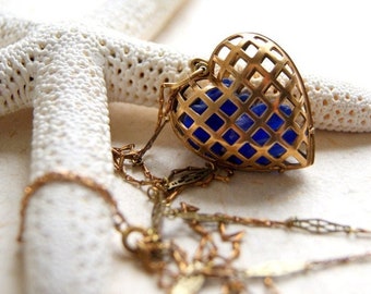 Vintage Brass Cage Heart Locket Necklace Filled with Genuine Sea Glass