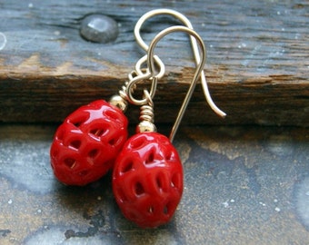 Red Vintage Lace Glass Bead Earrings with Gold Filled Ear Wires