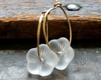 White Flower Earrings, Vintage White Frosted Glass Flower Beads with Gold Filled Hoop Earrings