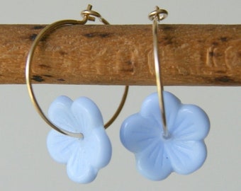 Light Periwinkle Blue Vintage Glass Flower Beads on Gold Filled Hoop Earrings