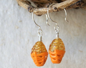 Vintage Orange and Gold Lace Glass Earrings: Sterling Silver