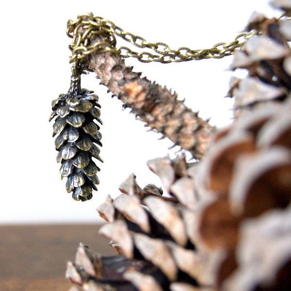 Large Antiqued Bronze Pine Cone Pendant Necklace