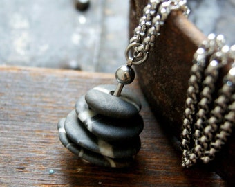 Black and White Beach Stone Cairn Necklace with Stainless Steel Rolo Chain - Fidget Necklace, Kinetic Necklace