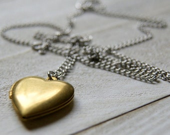 Vintage Brass Heart Locket Necklace with Gold Plated Brass Rolo OR Vintage Stainless Steel Chain