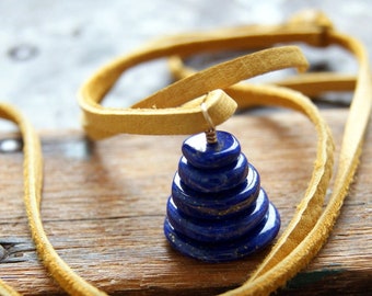 Lapis Cairn Necklace with Hand Cut Gold Buckskin Lace Cord