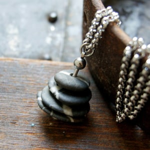 Black & White Beach Stone Cairn Necklace: Stainless Steel Fidget Jewelry