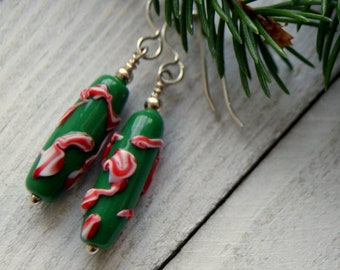 Vintage Green, Red and White Lava Drizzle Lampwork Glass Earring with Sterling Silver Ear Wires