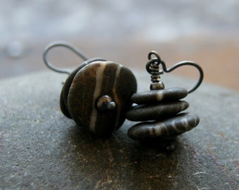 Black and White Beach Stone Cairn Earrings with Oxidized Sterling Silver Earwires