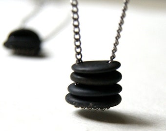 Double Drilled Black Beach Stone Cairn Necklace with Vintage Stainless Steel Chain