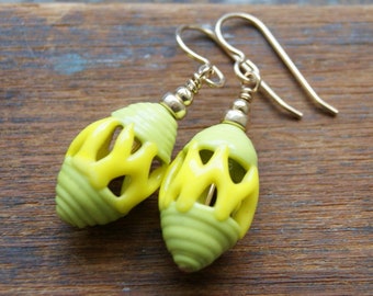 Peridot and Yellow Vintage Lace Glass Bead Earrings with Gold Filled Ear Wires