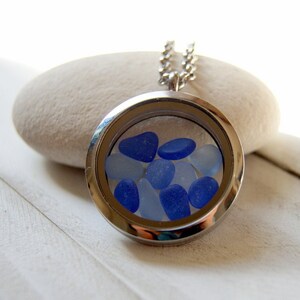 Floating Locket Necklace Filled with Genuine Sea Glass in Cobalt Blue and Cornflower Blue image 3