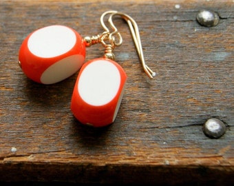 White and Orange Vintage Lucite beads with Gold Filled Ear Wires