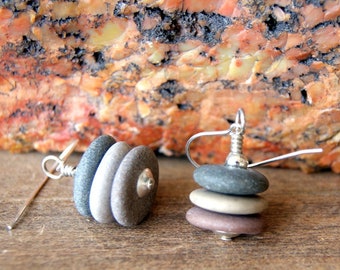 Stacked Stone Earrings - Cairn Stone Earrings with Sterling Silver Ear Wires
