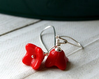 Red Vintage Glass Flower Bead Earrings with Sterling Silver Ear Wires