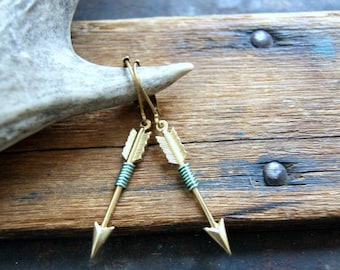 Archery Earrings, Wire Wrapped Brass Arrow Earrings