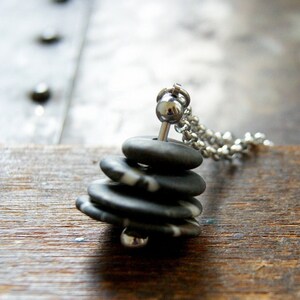 Black and White Beach Stone Cairn Necklace with Stainless Steel Rolo Chain Fidget Necklace, Kinetic Necklace image 2