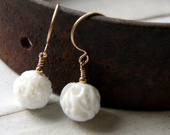 White Vintage Glass Bead Earrings with Gold Filled Ear Wires