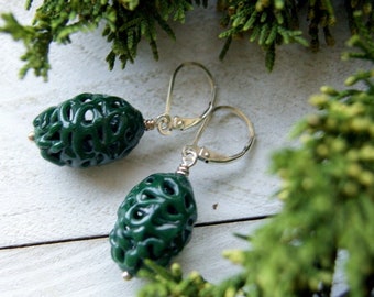 Emerald Green Vintage Lace Glass Bead Earrings with Sterling Silver Ear Wires