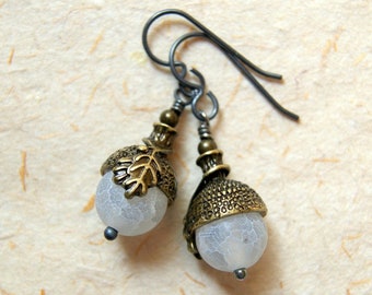 Acorn Earrings with White Agate Beads, Choose Metal Colors at Checkout