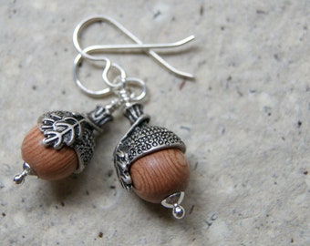Rustic Acorn Earrings with Rosewood Beads and Antiqued Silver Bead Caps