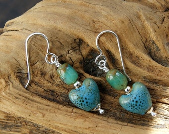Porcelain and Ocean Blue Peruvian Opal Heart Earrings