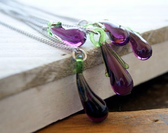 Eggplant Necklace, Vintage Glass Eggplant Pendant with Vintage Stainless Steel Chain