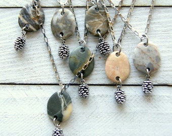 Beach Stone and Pine Cone Necklace with Stainless Steel Box Chain, Choose Stone at Checkout