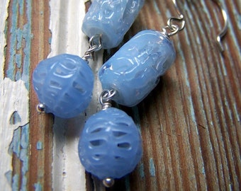 Periwinkle Blue Vintage Glass Spider Web and Lava Drizzle Glass Bead Earrings