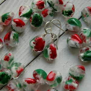 Green, Red and White Vintage Givre Glass Earring with Sterling Silver Ear Wires