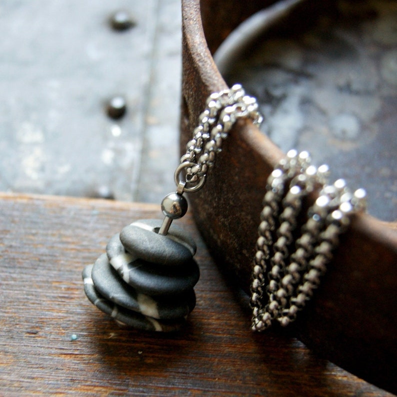 Black and White Beach Stone Cairn Necklace with Stainless Steel Rolo Chain Fidget Necklace, Kinetic Necklace image 1