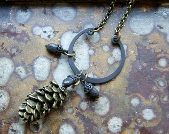 Pine Cone and Acorn Necklace, Large Antiqued Bronze or Antiqued Silver Pine Cone Pendant Necklace