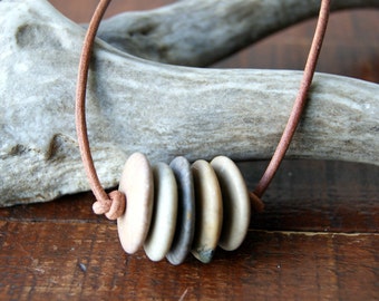 Beach Stone Bar Necklace with Greek Leather Cord, Choose Stone and Cord Color at Checkout