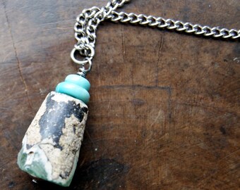 Cairn Necklace  with Ancient Roman Glass, Sleeping Beauty Turquoise and Vintage Stainless Steel Chain