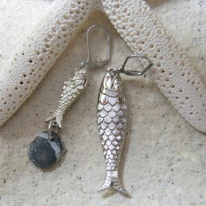 Fish Earrings, Mismatched Earrings Asymmetrical Earrings Silver Fish Earrings with Beach Stones NEW COLORS ADDED