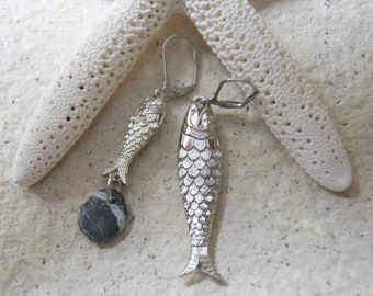 Fish Earrings, Mis-matched Earrings Asymmetrical Earrings Silver Fish Earrings with Black and White Beach Stone