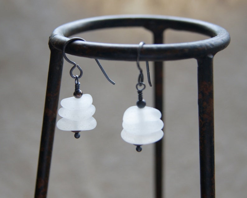 White Sea Glass Cairn Earrings with Sterling Silver Ear Wires image 5