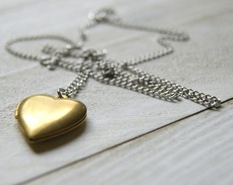 Vintage Brass Heart Locket Necklace with Vintage Stainless Steel Chain