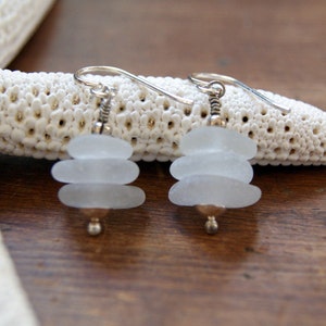 White Sea Glass Cairn Earrings with Sterling Silver Ear Wires shiny sterling