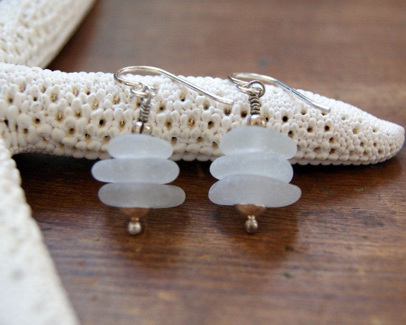 White Sea Glass Cairn Earrings with Sterling Silver Ear Wires shiny sterling