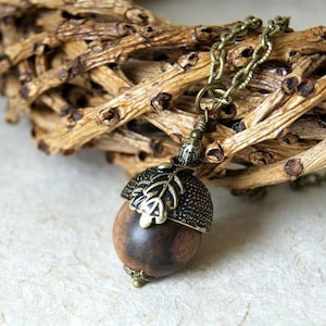 Wooden Acorn Necklace with Antiqued Brass Acorn Cap