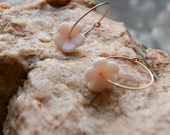 Pale Pink Vintage Glass Flower Bead Hoop Earrings
