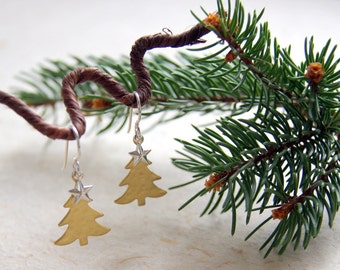 Christmas Tree Earrings - Hammered Brass Tree Earrings with or without Silver Stars