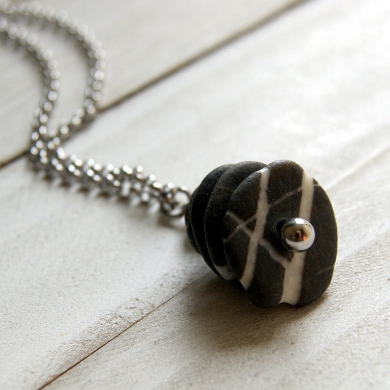 Black and White Beach Stone Cairn Necklace with Stainless Steel Rolo Chain Fidget Necklace, Kinetic Necklace image 7
